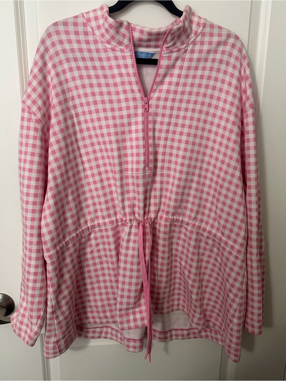 Draper James Pink and White Gingham Half-Zip Drawstring Sweatshirt
